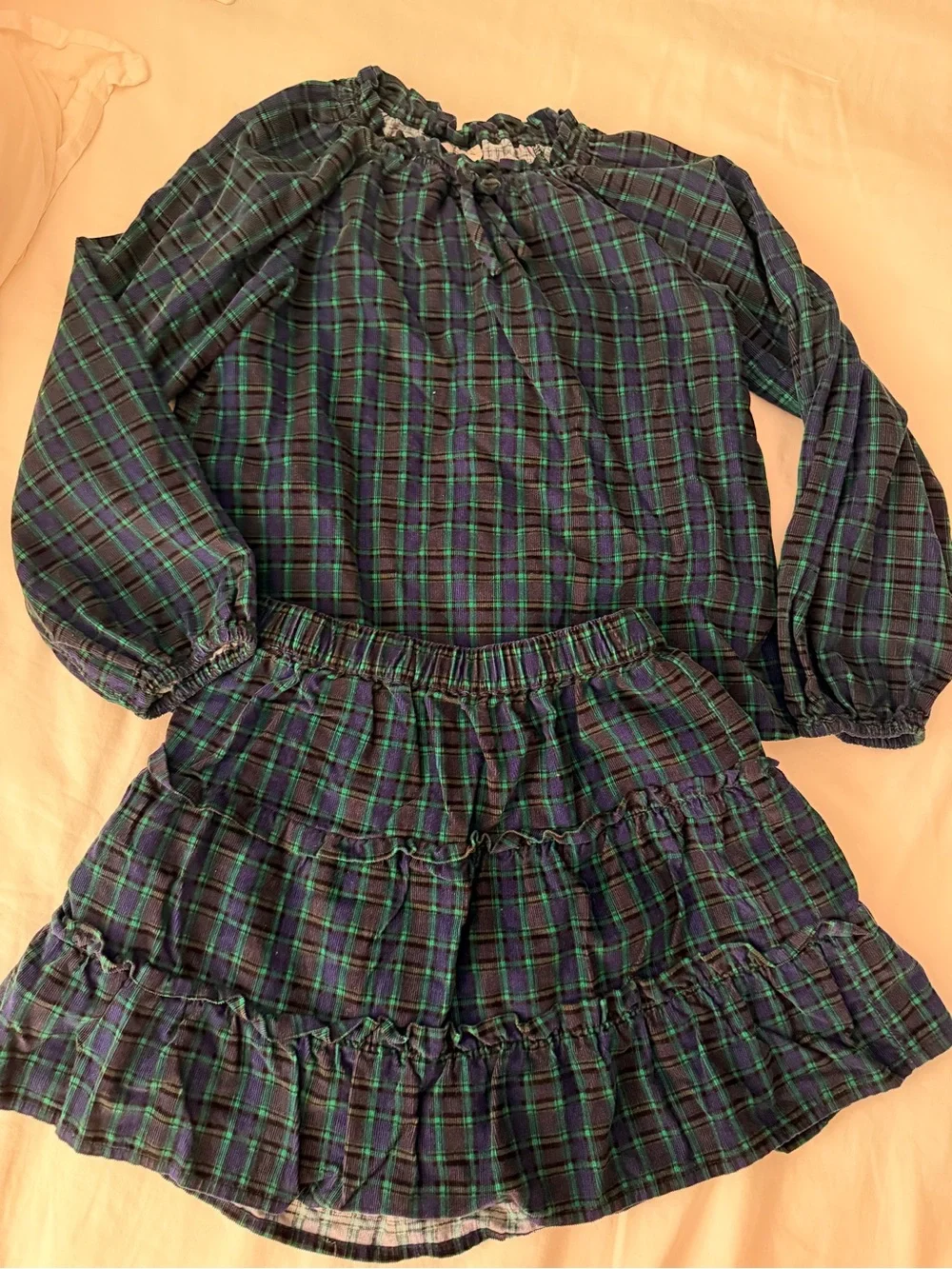 Green & Navy Plaid Peasant Top and Ruffle Skirt Set